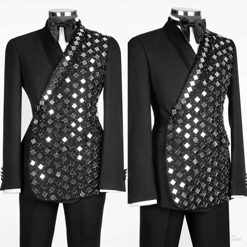 Men Grooming Outfit - ชุดสูทผู้ชายแบบ 2 ชิ้น แต่งเพชรปลายแหลม ปกเสื้อแบบ Single-Breasted