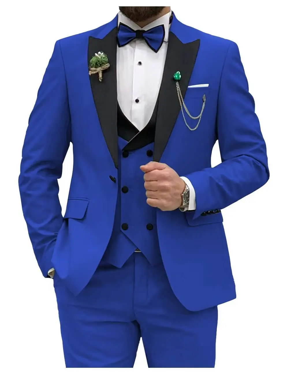 Men Grooming Outfit - สูทพอดีตัวสำหรับผู้ชายสีฟ้าเข้มสูทกระดุมสองแถว3ชิ้นสำหรับงานปาร์ตี้งานแต่งงานธุรกิจพรอม (เสื้อเบลเซอร์ + เสื้อกั๊ก + กางเกง)