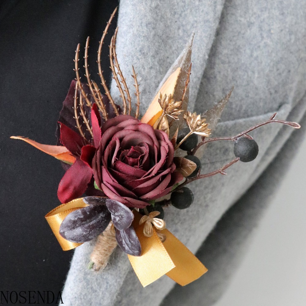 Men'S Grooming For Marriage - Burgundy Silk Rose ประดิษฐ์ดอกไม้เจ้าบ่าว Boutonniere เพื่อนเจ้าสาว